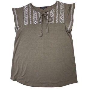 Adrianna Papell Embroidered Boho Tassel Tie Split Neck Tunic Top Olive Green S